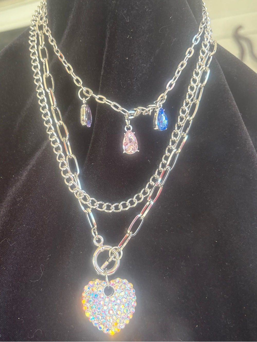 Crystal Heart Multi-Layer Silver Necklace with Colorful Teardrop Charms